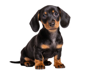 Isolated adorable black and tan dachshund puppy sitting and looking at camera with innocent eyes © Aoife