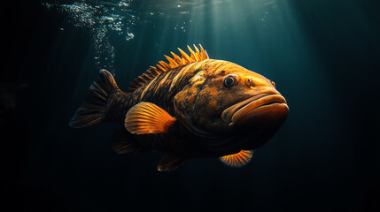 Fototapeta premium A vibrant fish glides gracefully underwater, illuminated by beams of sunlight filtering through the surface.