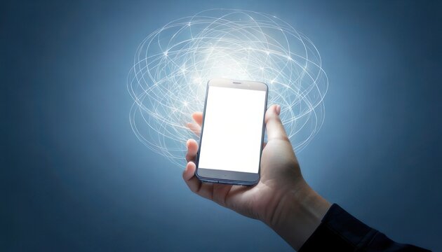 Hand holding smartphone with glowing network connection illustration.