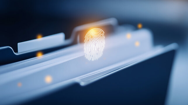 Fingerprint icon above organized file folders, representing document security, identity verification, and controlled access to sensitive records.
