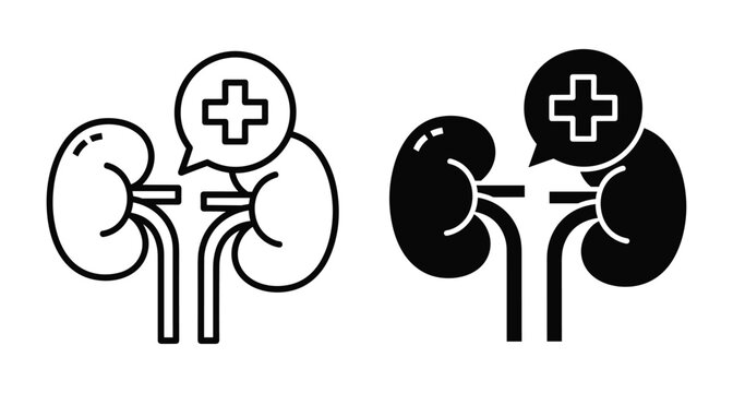 Human kidney organ icon set with medical cross symbol in speech bubble for urology health care and renal system diagnosis