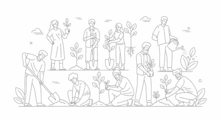 Obraz premium Set of line art illustrations showing people planting trees and gardening.