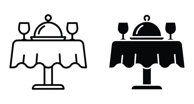 Restaurant table icon set with food cloche and wine glasses for romantic dinner date catering service and fine dining