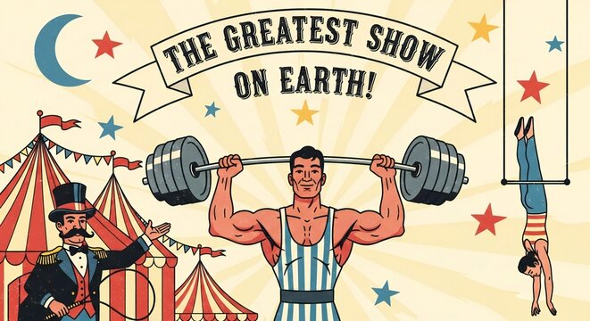 Strongman lifting heavy barbell vintage circus poster