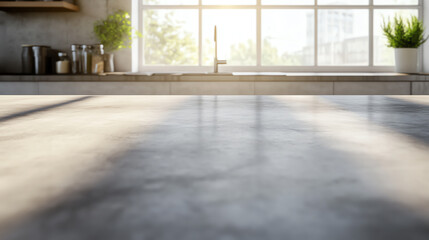 Fototapeta premium Bright and modern kitchen with sunlight streaming through the window, highlighting the sleek countertop and plants.