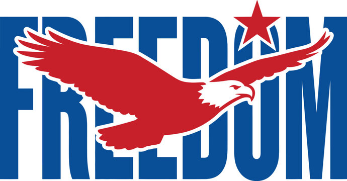 A patriotic illustration features a large soaring bald eagle graphic superimposed across the bold blue and red word FREEDOM.