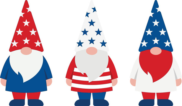 A trio of whimsical gnomes showcases distinct patriotic themes using red, white, and blue colors for hats and clothing.