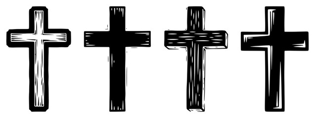Christian cross silhouettes set, wooden religious crucifix collection, catholic and protestant spiritual symbols vector