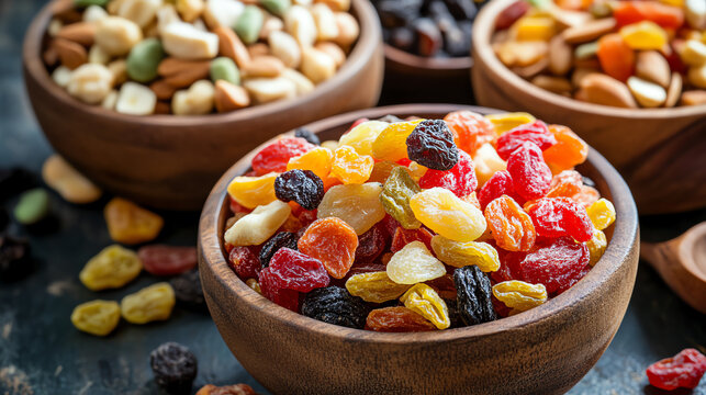 Colorful mix of dried fruits and nuts in wooden bowls, perfect for healthy snacking and colorful presentation.