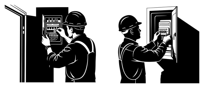 Electrician working on electrical panel board, maintenance worker repairing circuit breaker, industrial service professional vector