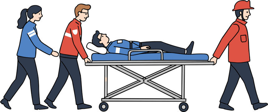 Four emergency responders carrying an injured person on a stretcher in a hand drawn style on a transparent background