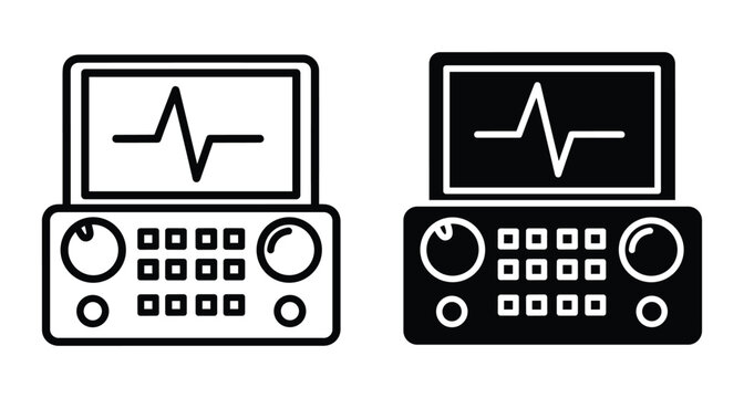 Medical heart monitor defibrillator ECG machine icon set showing heartbeat pulse line on screen with control buttons for hospital emergency care equipment