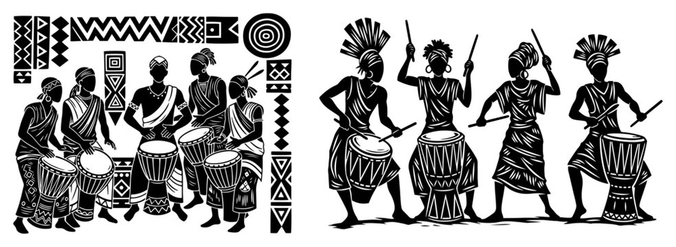 African tribal drummers silhouette set, traditional djembe players with ethnic patterns, ritual music and dance illustration vector