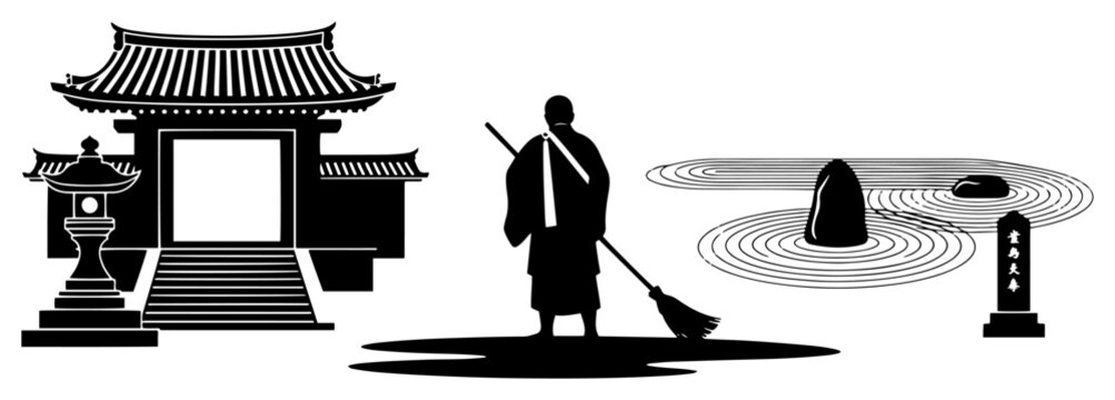 Zen garden with monk sweeping silhouette, Japanese temple gate and rock garden, meditation and mindfulness concept vector