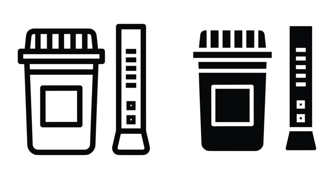 Medical urine test kit icons showing specimen cup and diagnostic dipstick in outline and solid black styles for clinical laboratory