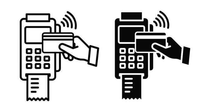 POS terminal icon set showing contactless credit card payment transaction with hand holding card near reader and receipt paper