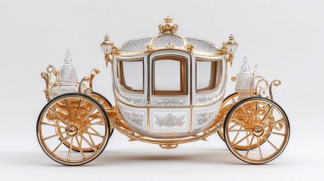 Ornate white and gold royal carriage with intricate detailing and crown emblem