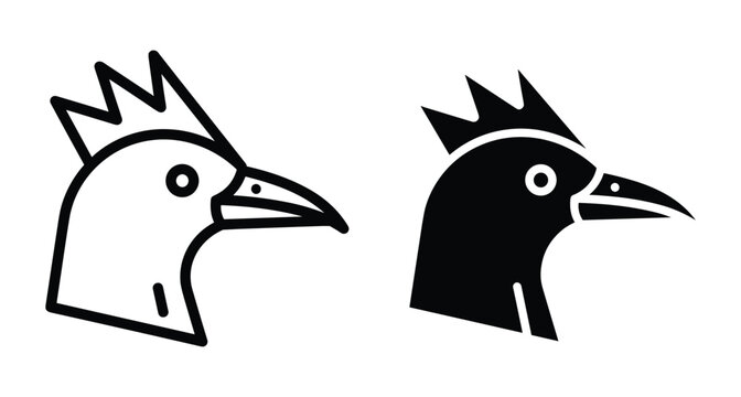 Rooster head icon set with outline and solid silhouette versions for farm branding poultry logo design and agricultural symbols