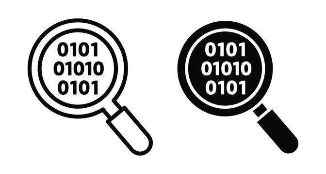 Magnifying glass icons with binary code representing data analysis software development digital security information search and computer programming inspection tools