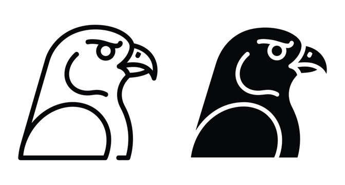 Hawk head icon set featuring minimalist outline and solid silhouette designs for eagle falcon or bird of prey logo branding