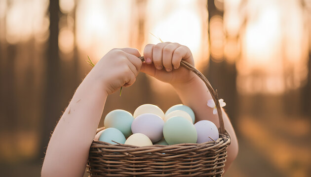 child holding out basket of speckled easter eggs