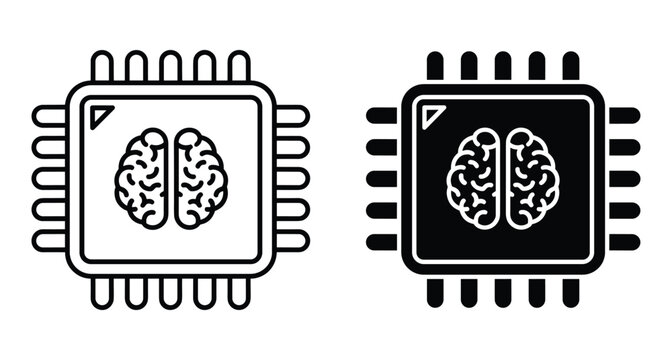 Artificial intelligence computer chip icons with human brain symbol representing machine learning neural networks digital processing technology and smart computing hardware