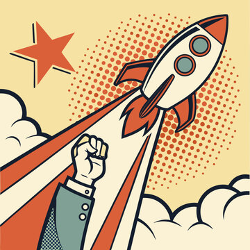 Startup Launch Concept. Retro poster in halftone style with hand holding rocket. Creative idea for new business and project implementation. Abstract vector illustration in pop art .