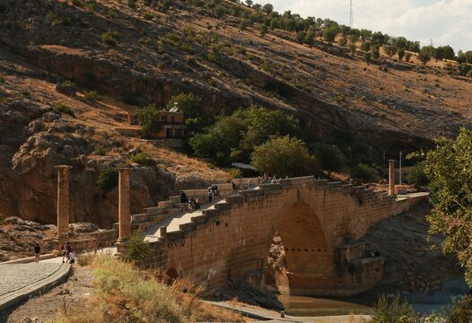 Ancient Roman Cendere Bridge on the way to Mount Nemrut. The historic Cendere Bridge, a remarkably preserved Roman-era stone bridge, stands over the Cendere stream along the route to Mount Nemrut.