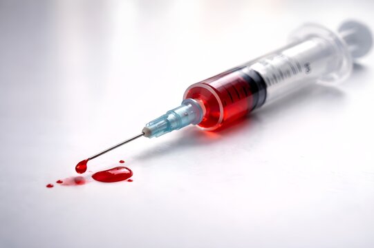 Jeringa con gotas de sangre sobre superficie blanca.