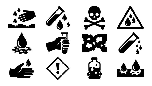 Chemical Hazard and Toxic Substance Silhouette Icon Set &ndash; Warning, Poison, Liquid Spill, Laboratory and Safety Icons