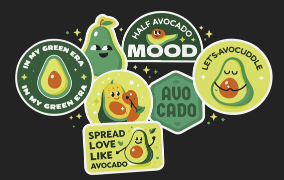 Retro avocado sticker set with cute cartoon characters, vintage green era badges with funny puns and quotes, 7 vector elements for healthy lifestyle branding and social media content