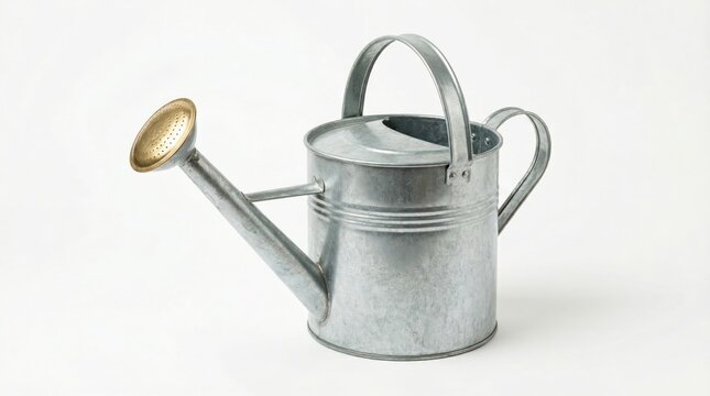 Metal watering can with brass nose on empty background