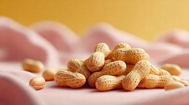 Close-up of peanuts on a pink cloth with a yellow background