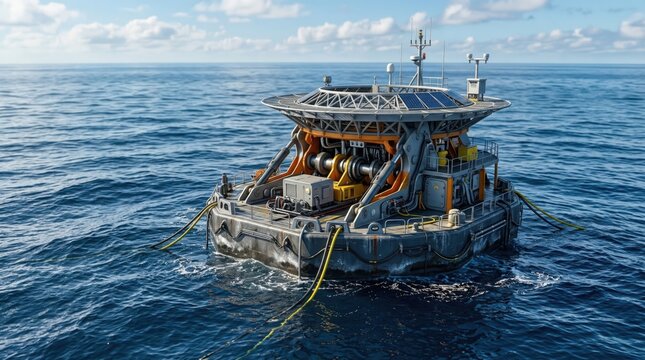 Offshore wave energy converter floating in the ocean, renewable marine power station, industrial tidal energy platform harvesting clean electricity