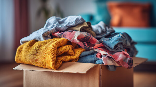 Pile of used clothes in an open cardboard box ready for donation, symbolizing charity, reuse, and sustainable living.