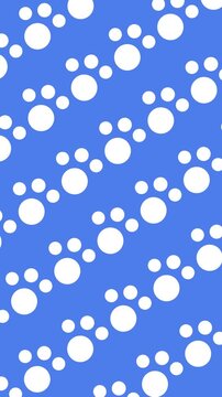 Seamless white paw print pattern on a blue background animation. Minimalist animal track repeat wallpaper for pet branding. Abstract blue vertical banner with cute white dog or cat paw pattern.