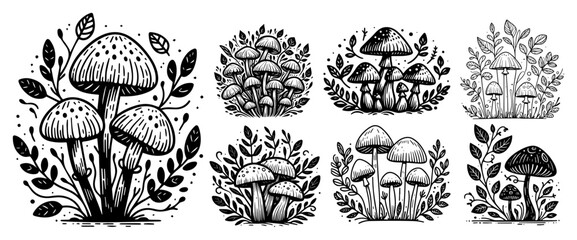 Forest mushroom collection with botanical leaves, hand drawn fungus and plants set, linocut folk art mushroom vector © Luka