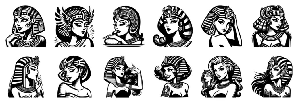 Egyptian queen Cleopatra portraits set, ancient Egypt goddess character collection, pharaoh woman head silhouettes vector