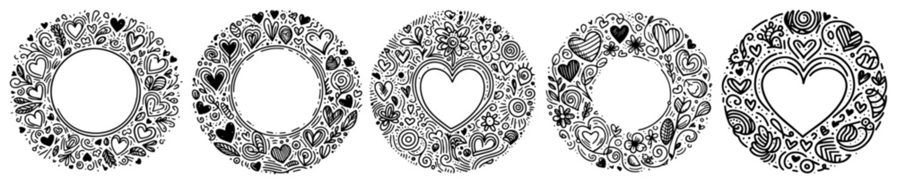 Decorative heart and circle frames set, romantic floral doodle wreath collection, love and valentine ornament vector