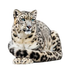 Fototapeta premium A majestic snow leopard resting peacefully, showcasing its beautiful coat and striking blue eyes. The cat sits calmly, a symbol of grace in the wilderness. 