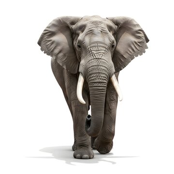 A majestic elephant walking towards the camera, showcasing its impressive tusks and wrinkled skin. The elephant strides with purpose, a symbol of strength and grace