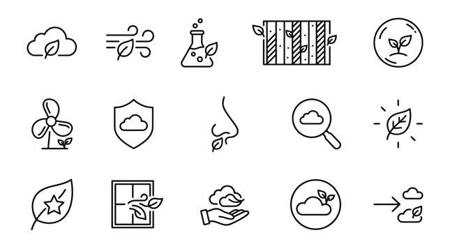 Web icons de biofiltra&ccedil;&atilde;o e purifica&ccedil;&atilde;o natural do ar em estilo line art. Cole&ccedil;&atilde;o de paredes de algas, filtros de musgo e qualidade biol&oacute;gica do ar. S&iacute;mbolos ultra-minimalistas para apps de bem-estar,