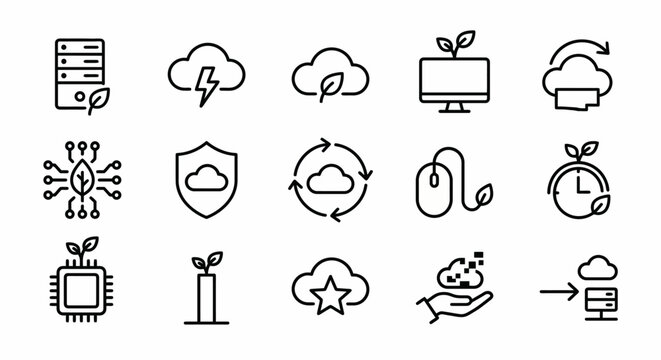 Web icons de TI Verde e gest&atilde;o de carbono em nuvem em estilo line art. Cole&ccedil;&atilde;o de computa&ccedil;&atilde;o sustent&aacute;vel, efici&ecirc;ncia de dados e tecnologia limpa. S&iacute;mbolos ultra-minimalistas para plataformas tech, rel