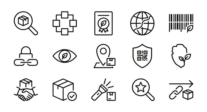 Web icons de rastreabilidade e blockchain sustent&aacute;vel em estilo line art. Cole&ccedil;&atilde;o de transpar&ecirc;ncia de cadeia de suprimentos e origem de produtos. S&iacute;mbolos ultra-minimalistas para plataformas de log&iacute;st