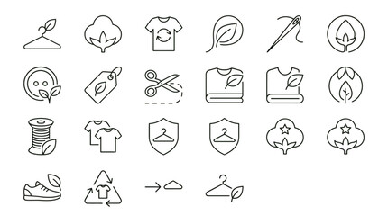 Fototapeta premium Web icons de moda sustentável e têxteis ecológicos em estilo line art. Coleção de algodão orgânico, reciclagem de roupas e moda circular. Símbolos ultra-minimalistas para e-commerce eco-friendly, blog