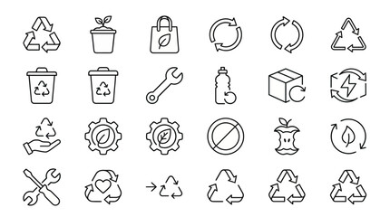 Fototapeta premium Circular economy and waste management web icons in line style. Recycling, composting, and repair collection. Ultra-minimalist symbols for eco-apps, sustainability reports, and green branding. Clean bl