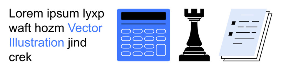 Business strategy, decision-making, teamwork, financial planning, education, productivity. Blue calculator, black chess rook and text documents displayed. Business strategy and financial planning © robu_s