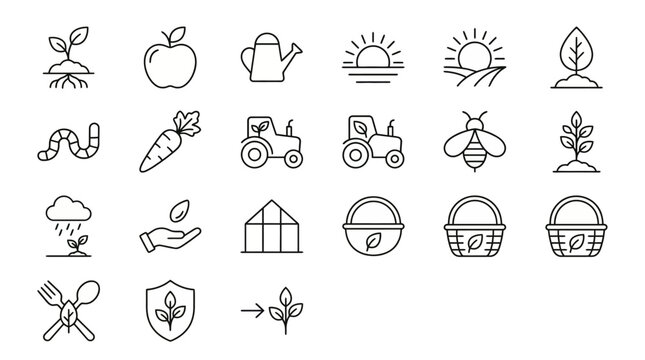 Web icons de agricultura sustent&aacute;vel e alimentos org&acirc;nicos em estilo line art. Cole&ccedil;&atilde;o de s&iacute;mbolos de agricultura regenerativa, sa&uacute;de do solo e agritech. S&iacute;mbolos ultra-minimalistas para mercados org&acirc;