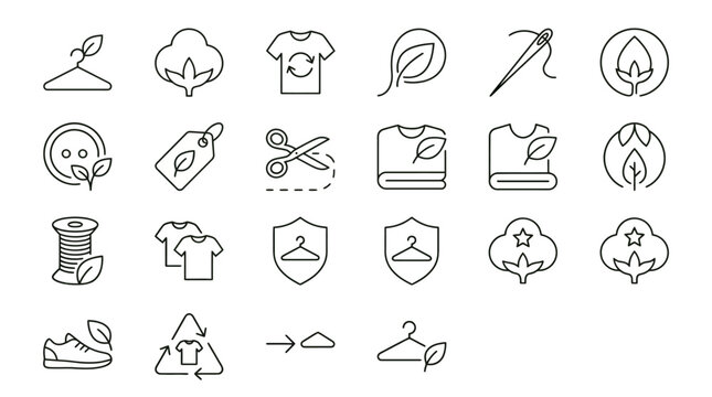 Web icons de moda sustent&aacute;vel e t&ecirc;xteis ecol&oacute;gicos em estilo line art. Cole&ccedil;&atilde;o de algod&atilde;o org&acirc;nico, reciclagem de roupas e moda circular. S&iacute;mbolos ultra-minimalistas para e-commerce eco-friendly, blog