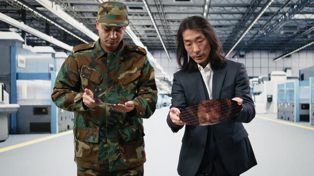 Microchip production, national security operation and soldier speaking with microelectronics factory senior manager. Chatting, semiconductor supply chain and army officer with Asian man, camera A